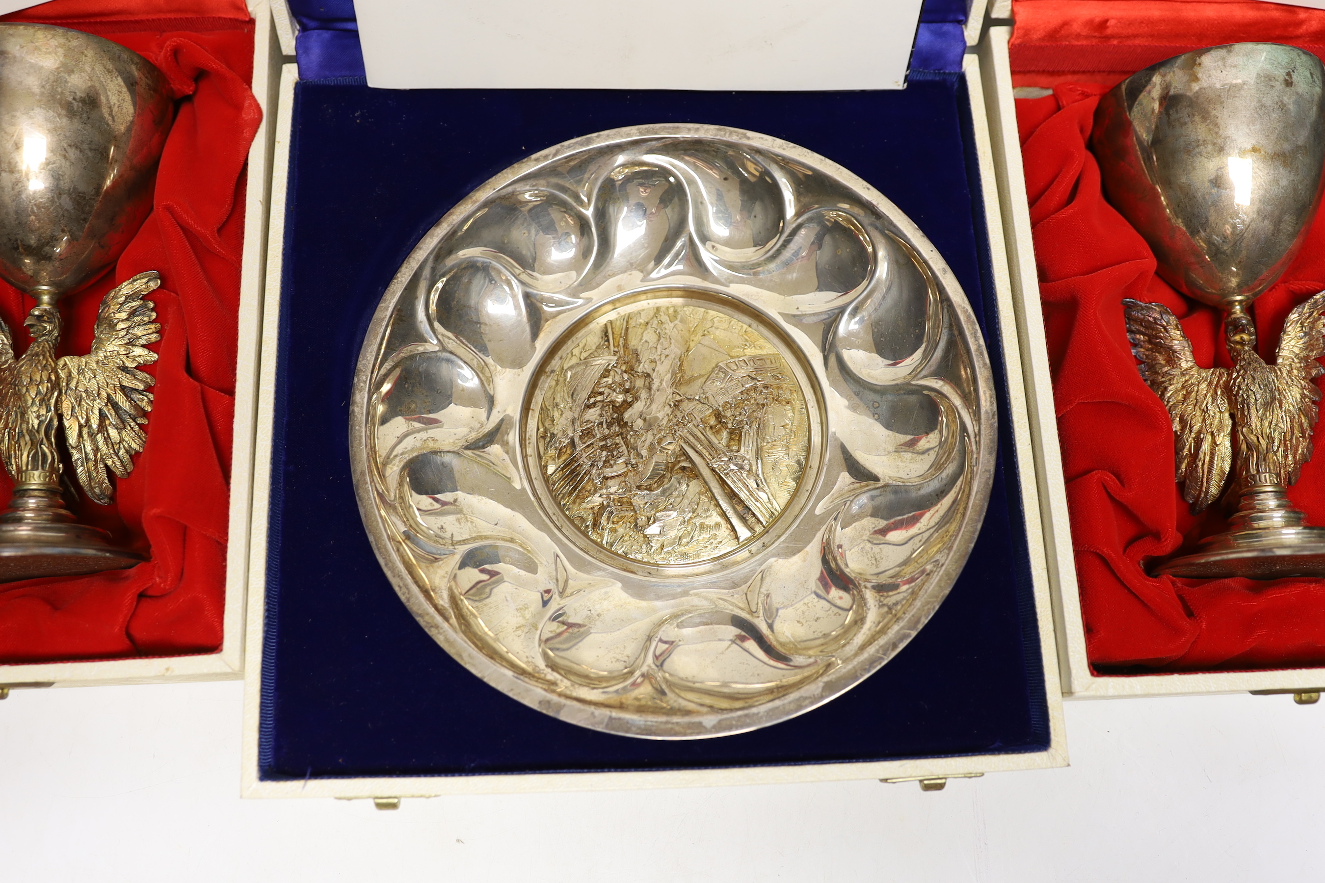 Four cased presentation silver items to include a bowl, numbered 336 of 750, made by Order of the Royal National Lifeboat Institution to commemorate their 105th anniversary in 1974, together with three goblets limited to